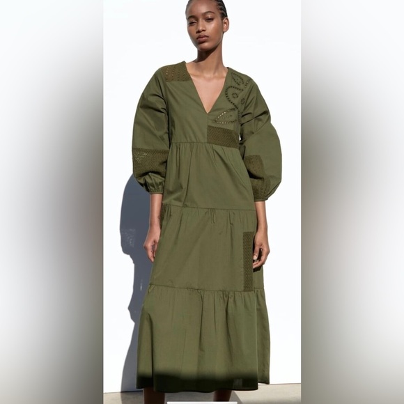 Zara Dresses & Skirts - Zara Olive Patchwork V-Neck Tiered Midi Dress